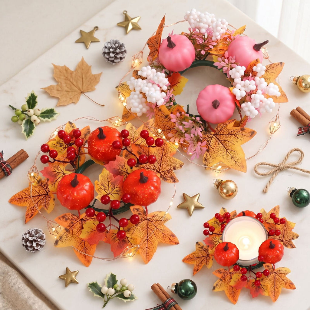 Fall Candle Ring,Artificial Maple Leaves Pumpkins Decorative Wreaths,Berry Wreath for Pillar Candle Holder,Candle Ring for Halloween Centerpieces and Farmhouse Table Decor,7.48 inch(Pink)