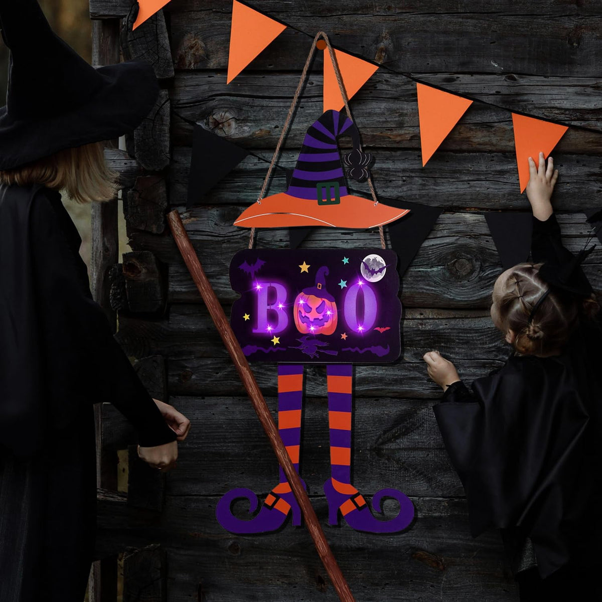 JoyHue Halloween Door Sign Witch Door Decorations With Timer Light Up Halloween Wreath Boo