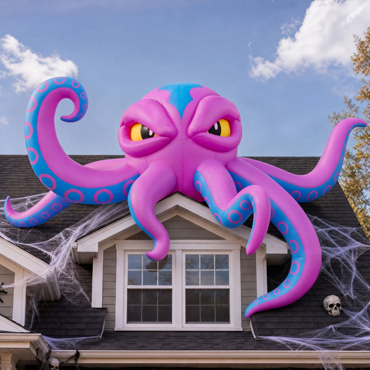 Joyfy 4 FT Halloween Inflatable Purple Octupos Head with Tentacles Broke Out from Window with Built-in LED Blow Up Inflatable for Window Decoration Yard Garden Lawn Decor