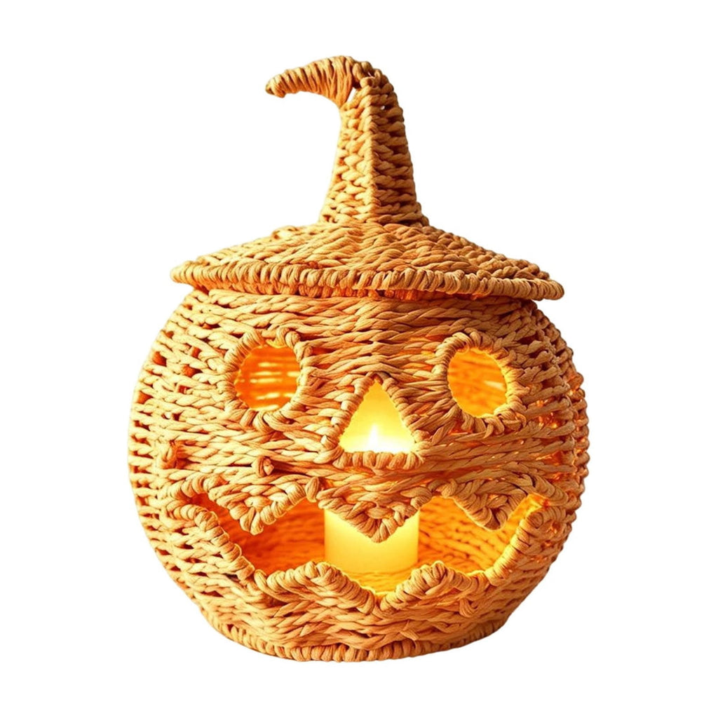 Aximioll Halloween Black Woven Jack-O-Lantern Pumpkin Decor, Hand Woven Rattan Wicker Style Statue, Trick or Treat Candy Bowl Lantern for Porch Entryway Fireplace Mantel Table, Black, 11 Inches