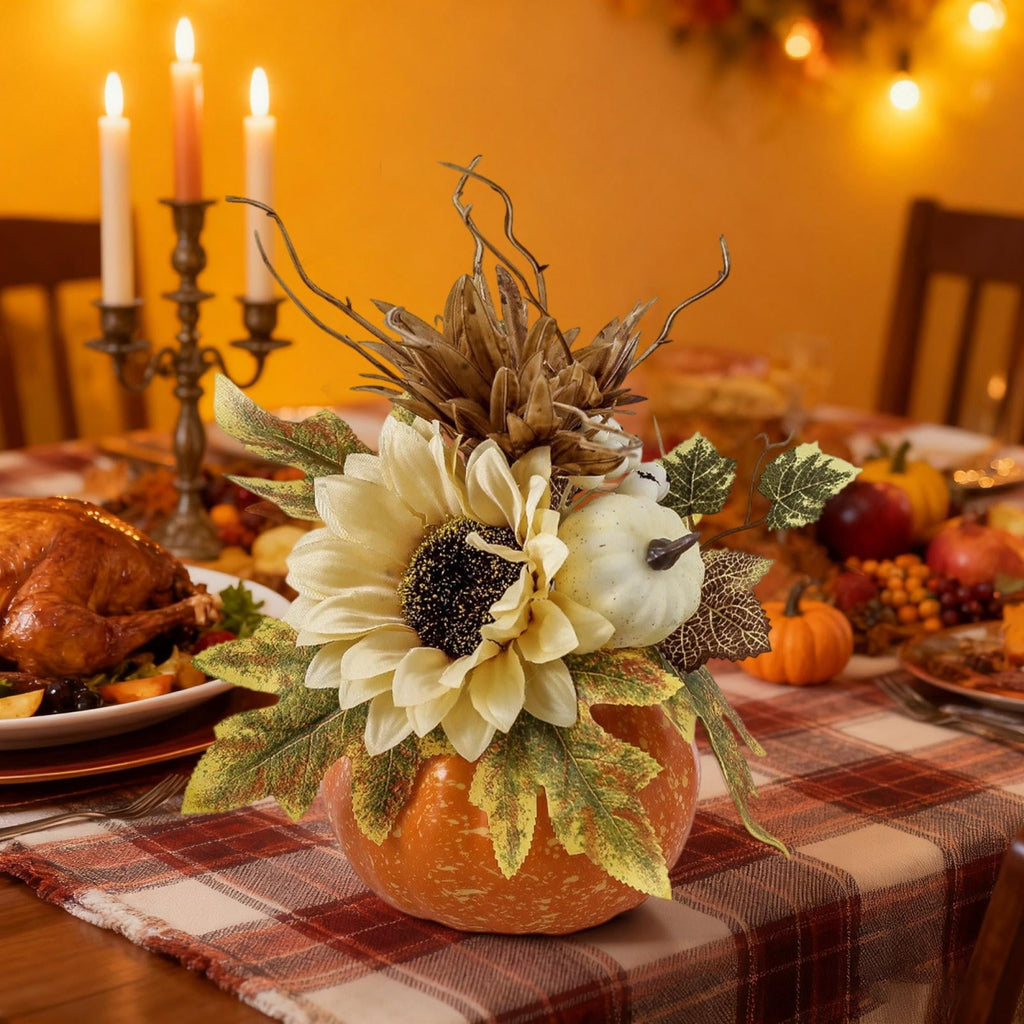 Pumpkin Decor with Artificial Flower Sunflowers Fall Decorations for Home Tabletop Kitchen Party Thanksgiving Harvest