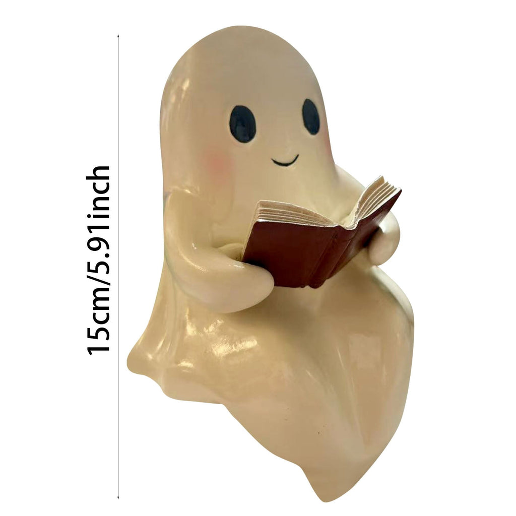 Halloween Ghost Figurine, Resin Lighted Ghost Ornament with Pumpkin Lantern & Beverage Cup, Tabletop Halloween Indoor Decor