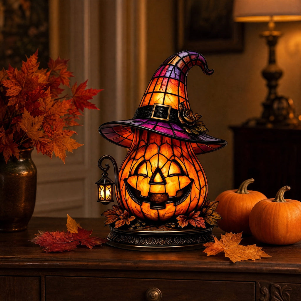Halloween Pumpkin Night Light With Witch Hat Acrylic LED Tabletop Ornament, Spooky Glowing Figurine for Home Party Bedroom Holiday Decoration