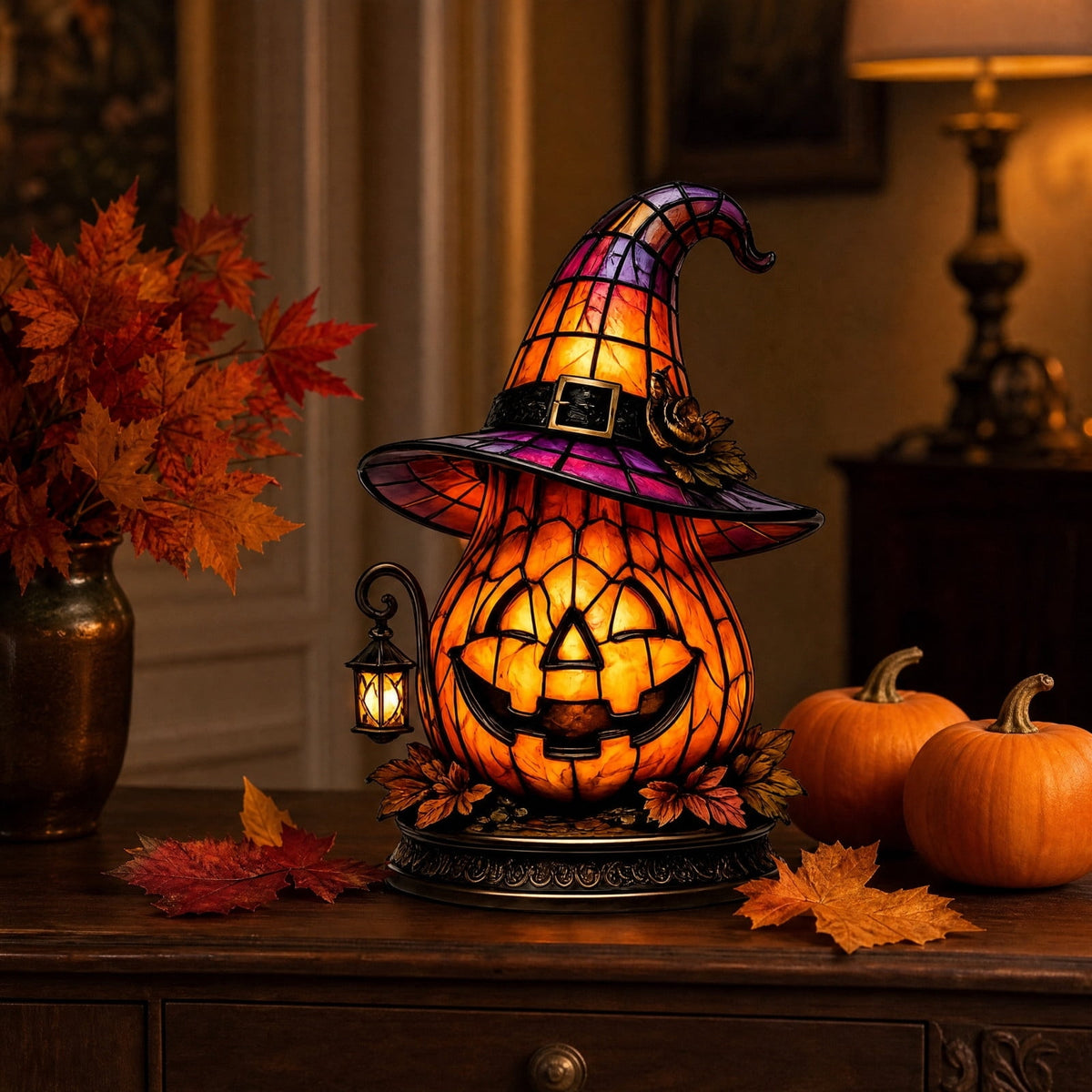 Halloween Pumpkin Night Light With Witch Hat Acrylic LED Tabletop Ornament, Spooky Glowing Figurine for Home Party Bedroom Holiday Decoration