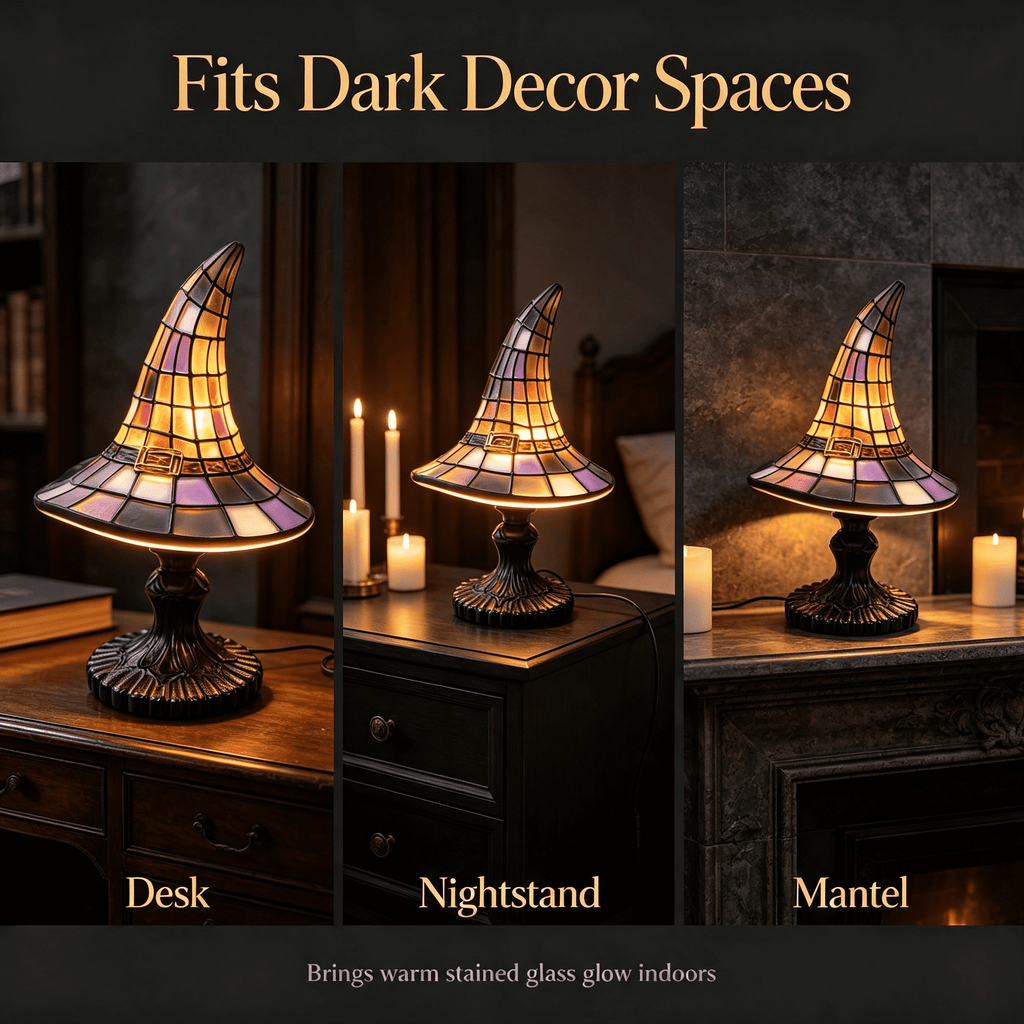 Stained Glass Witch Hat Lamp Gothic Halloween Lighting Decor, Vintage Witchy Hats Night Lights, Handcrafted Retro Resin Table Lamp for Bedroom, Living Room & Home Decor