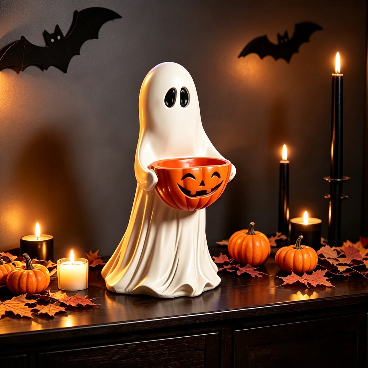 Halloween Ghost Statue with Jack-o-Lantern Pumpkin Candy Bowl, White Resin Ghost Figurine, Tabletop Candy Holder Ornament, Spooky Halloween Gift for Porch Yard Patio Indoor Home Party