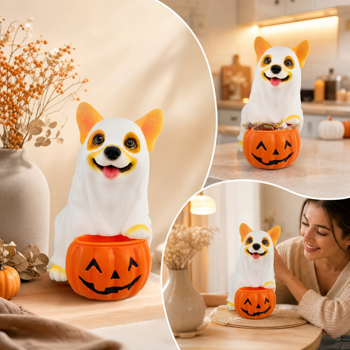 Fall Decorations for Home, 7.9in Lighted Halloween Scarecrow Dog Figurine, Resin Thanksgiving Halloween Garden Dogs Figurines for Autumn Harvest Porch Yard Garden Decor