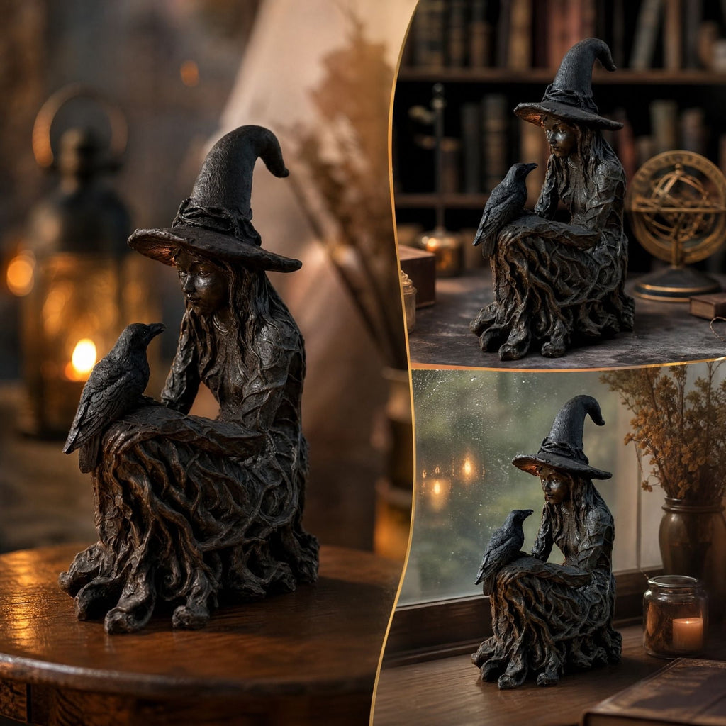 2026 New Halloween Mossy Tree Witch With Crow Light Up 7" Resin Figurine Rave Mantel Shelf Party Decorations