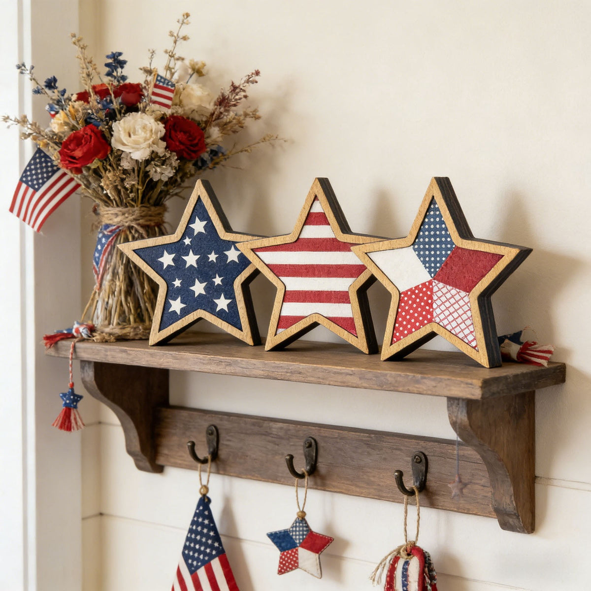 Japceit 3Pcs 4Th Of July Decorations Wooden Stars,Red White Blue Patriotic Decor, Independence Day Ornaments Set,For Home Office Table Shelf