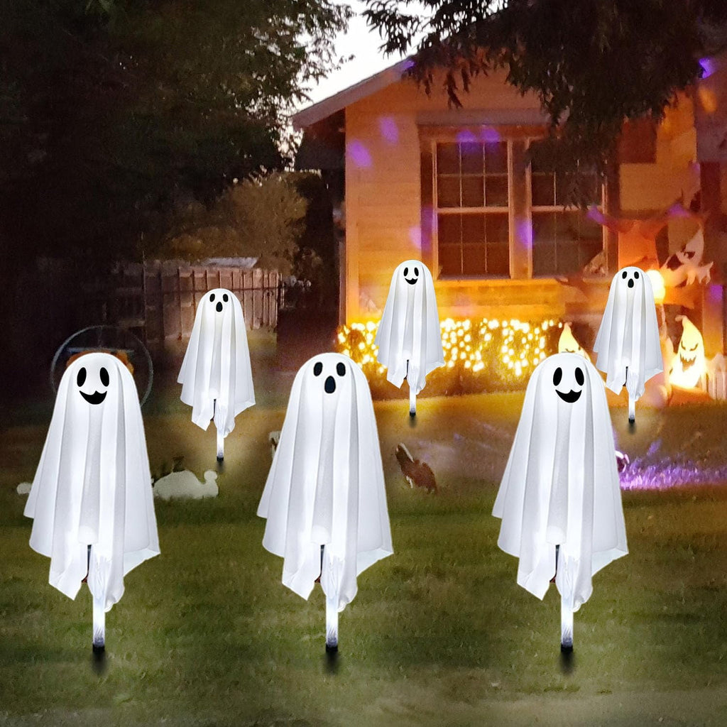 Halloween Ghost Pathway Lights with Stakes, 6PCS Solar Light Ghost Decorations, Waterproof Outdoor Lights for Yard, Lawn, Driveway, Halloween Decor