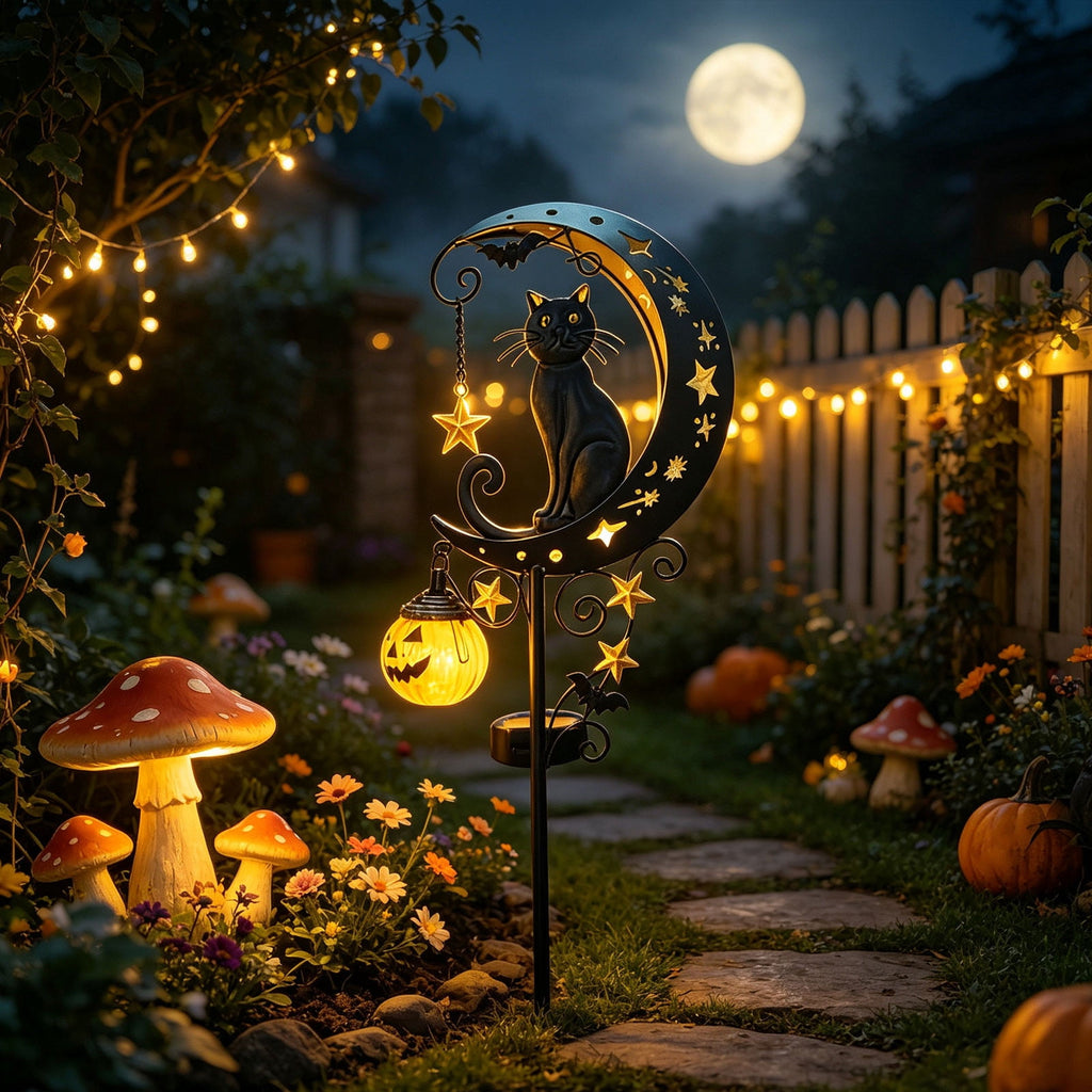 Solar Halloween Metal Moon Black Cat Garden Stake with LED Pumpkin Lantern, Light Up Star Bat Yard Decor Stake, Spooky Outdoor Lawn Pathway Halloween Decoration