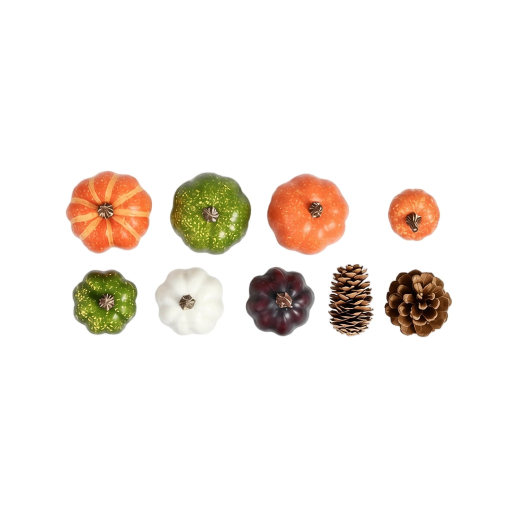 9 PCS Thanksgiving Artificial Pumpkins and Gourds Set - Fall Decorations for Home 7 Fake Pumpkins, 2 Pinecones for Fall Halloween Table Centerpieces