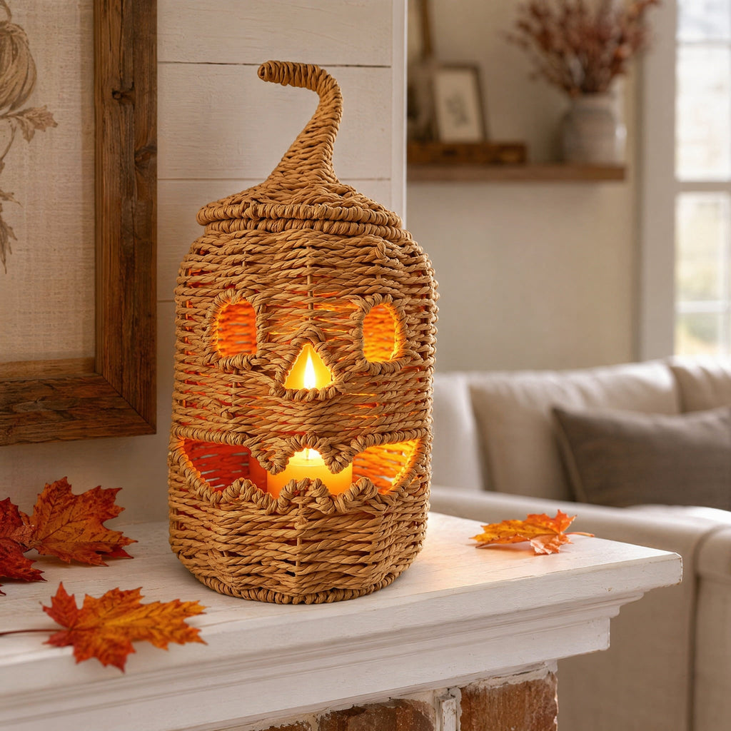 Handwoven Pumpkin Lantern, Rustic Vintage Halloween Decor, 28cm Woven Pumpkin Lantern Without LED Candle Light, Pumpkin Ornament for Mantel Doorstep Halloween Party Decorations