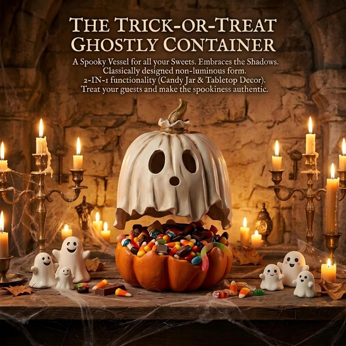 Halloween Ghost Candy Bowl Pumpkin Jack O' Lantern, 7.8 Inch Resin Spooky Tabletop Statue Decor Figurine Pumpkin Candy Bowl, Outdoor Halloween Decorations for Front Porch, Trick or Treat Candy Bowl
