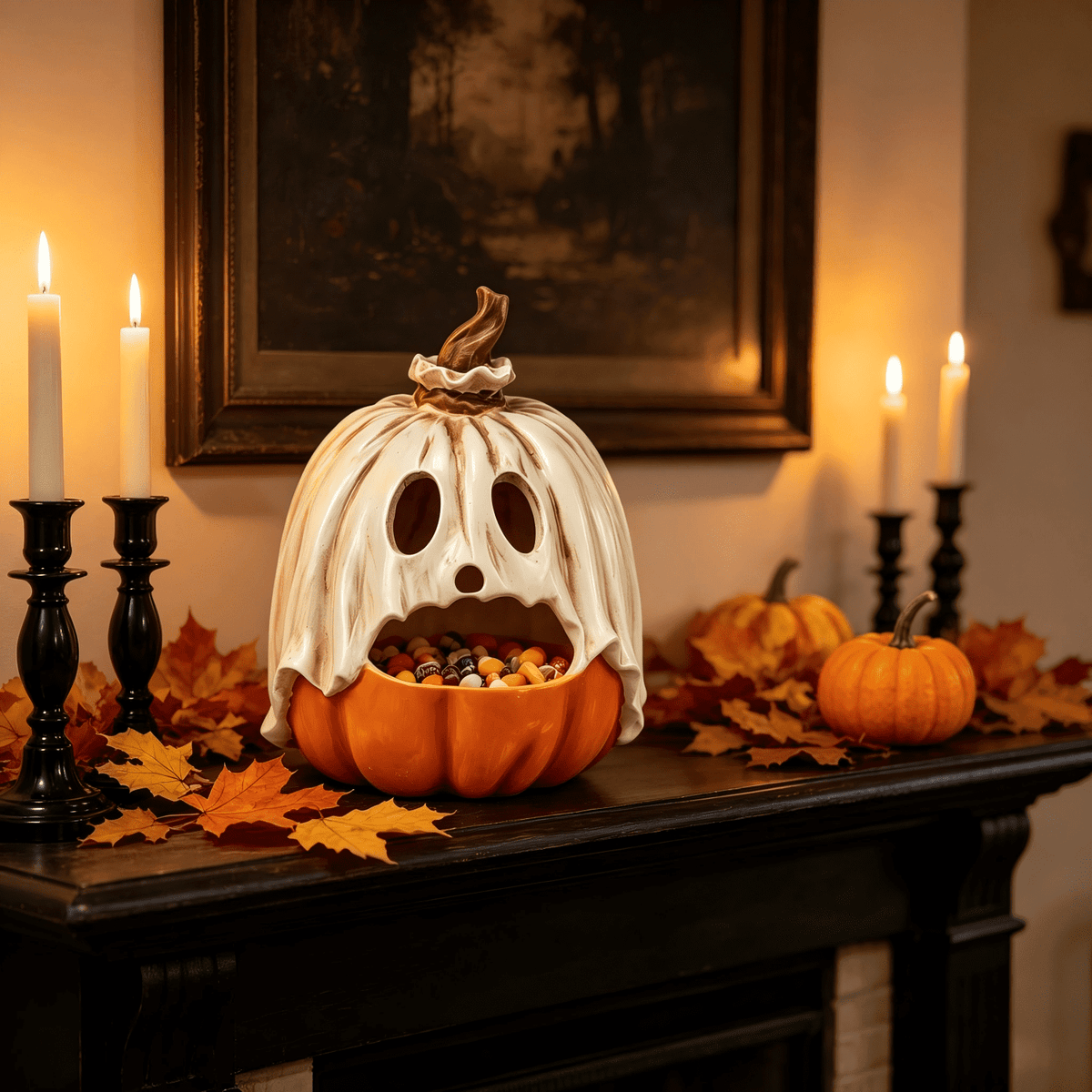 9.8" Halloween Ghost Pumpkin Candy Bowl Decorations, 2-in-1 Ghost Jack O' Lantern Figurine Tealight Candle Holder for Indoor Outdoor Front Porch Fall Tabletop Decor