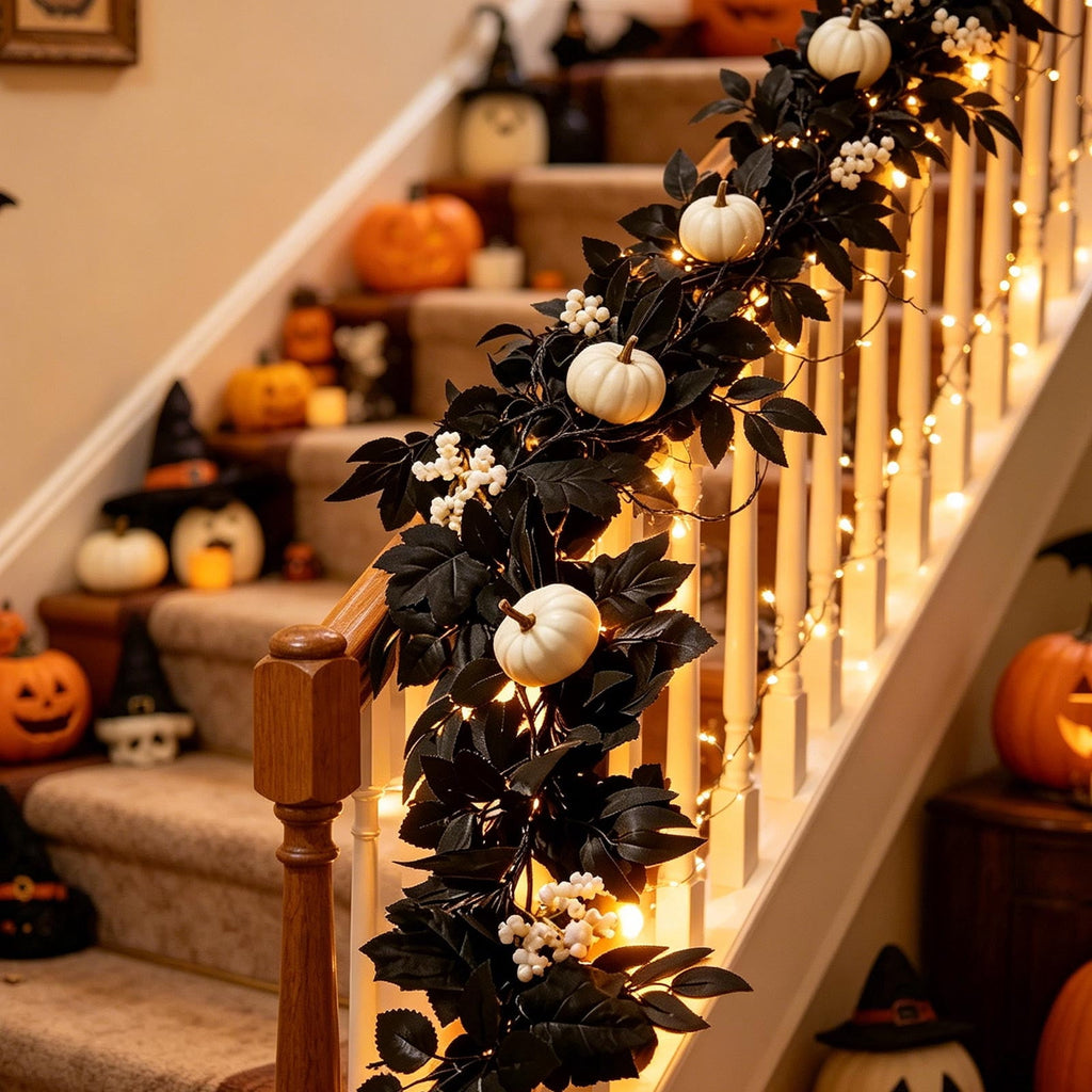 Halloween Black Garland with LED Lights 70.87 Inch Gothic Foliage for Mantel Stair Halloween Party Home Indoor Decor