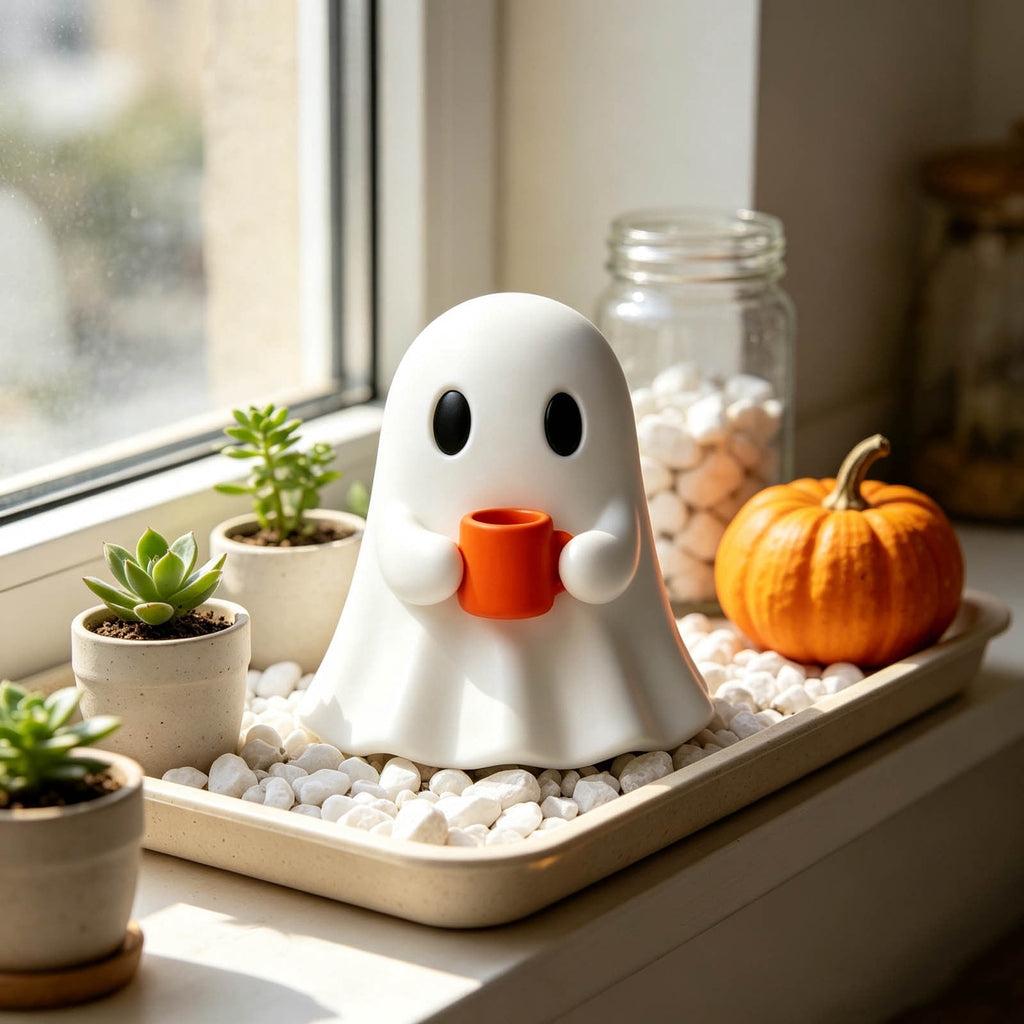 Halloween Ghost Figurine, Resin Lighted Ghost Ornament with Pumpkin Lantern & Beverage Cup, Tabletop Halloween Indoor Decor