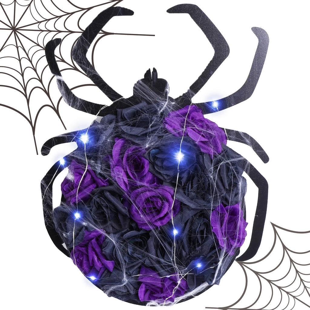 XEAZON Halloween Spider Decorations with Cobweb,Artificial Purple Rose Flower Spider Wreath for Front Door Hanging Decor,Halloween Party Indoor Outdoor Decor Hanger,Halloween Accessories with Lights