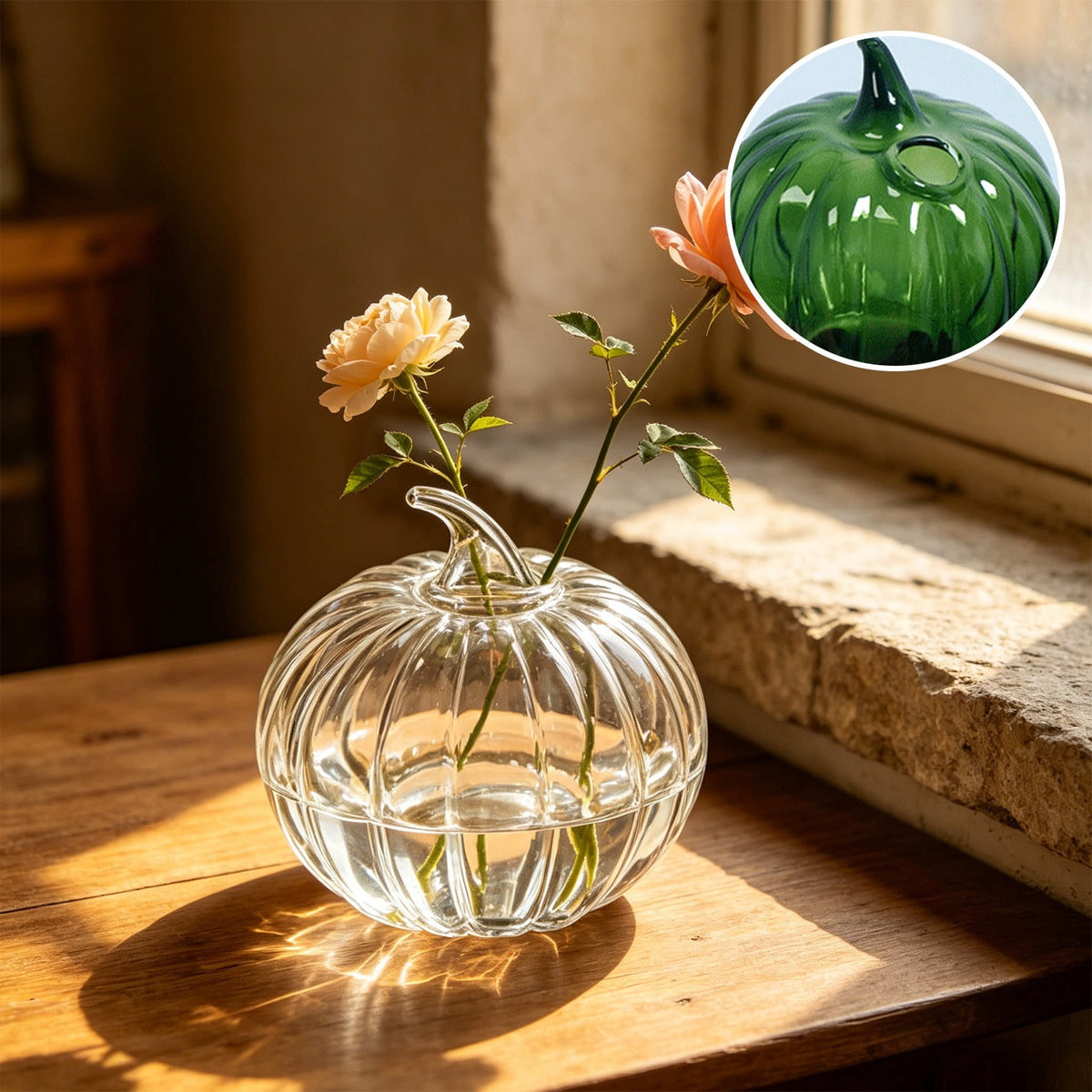SLYNSHome Striped Glass Pumpkin Shaped Vase, Mini Hydroponic Flower Container,Clear Decorative Pumpkin Glass Centerpiece For Fall Thanksgiving Indoor Tabletop Home Decor