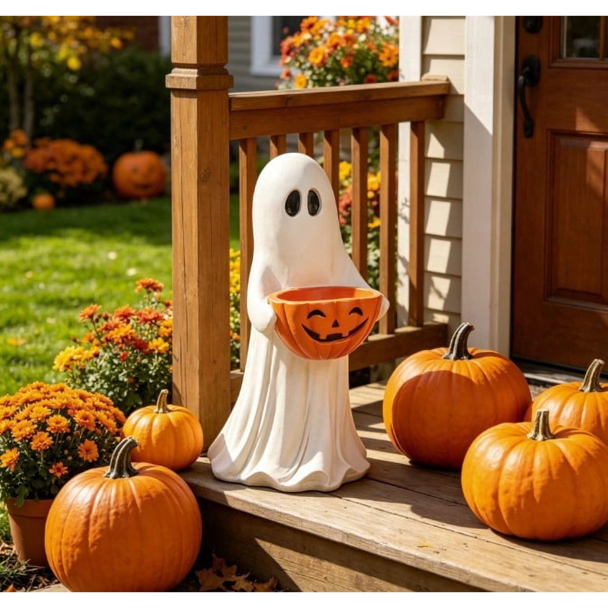 Halloween Ghost Candy Bowl Statue, 13.7" Resin Ghost Figurine Holding Pumpkin Candy Bowl, Outdoor Halloween Decorations for Front Porch, Indoor Yard Lawn Entryway Decor, Trick or Treat Candy Holder