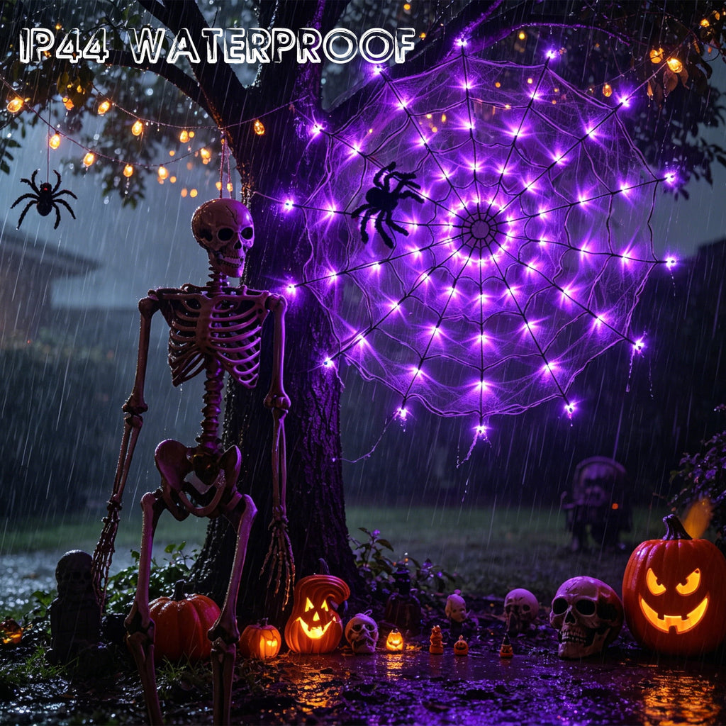 VOLIVO Halloween Spider Web Lights, 4FT Diameter 8 Modes Net Lights with Black Spider, Remote Control Waterproof for Indoor Outdoor (Purple)