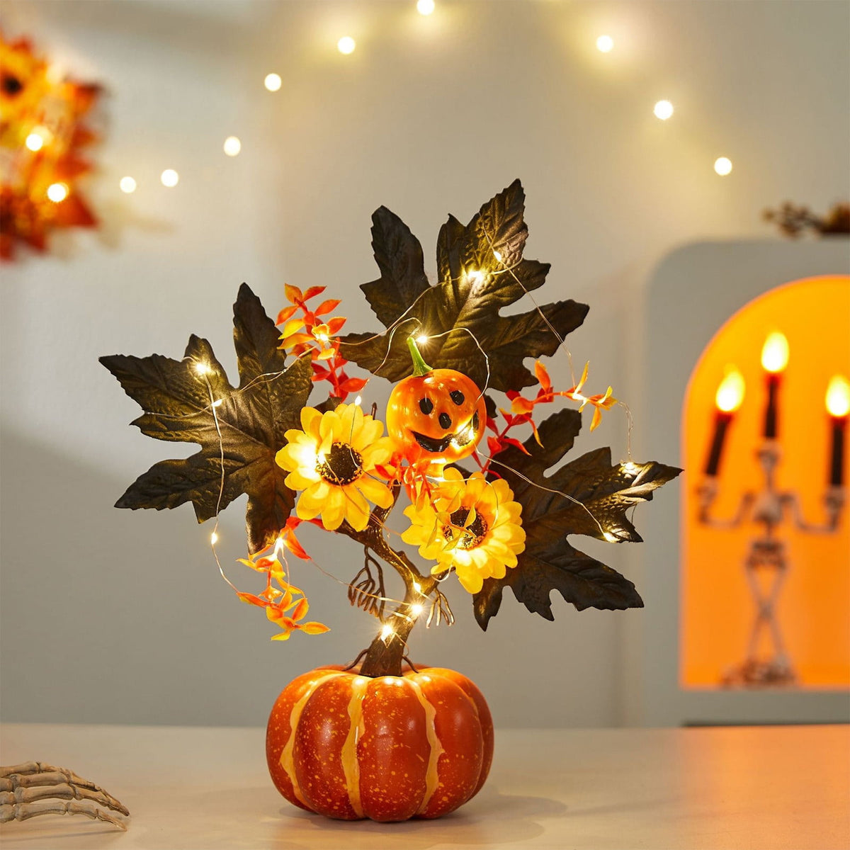 YSGFHGJW Halloween Thanksgiving Artificial Pumpkin Tree Decoration, Light Up with LED Lights, Fall Decor for Dining Table Living Room Porch