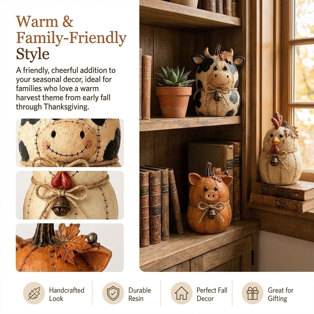 Farmhouse Decor, Farmhouse Fall Decor, Pumpkin Decor Set, Rustic Farm Animal Pumpkin Ornaments for Mantel Shelf Table Centerpiece (Dairy cow)