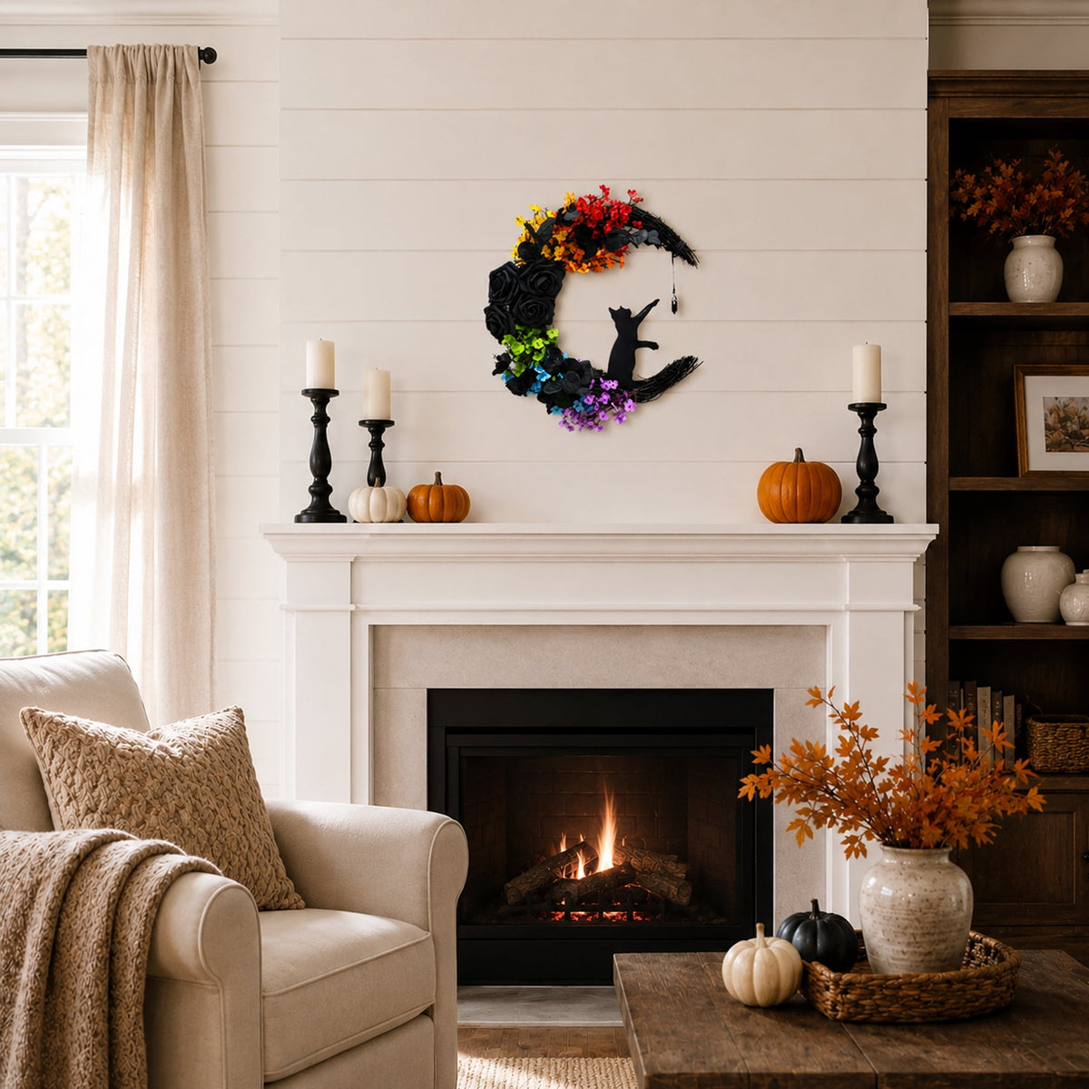 Circlecity Halloween Black Cat Wreath, 14.9" Colorful Crescent Moon Wreath with Artificial Flowers, Gothic Front Door Decor