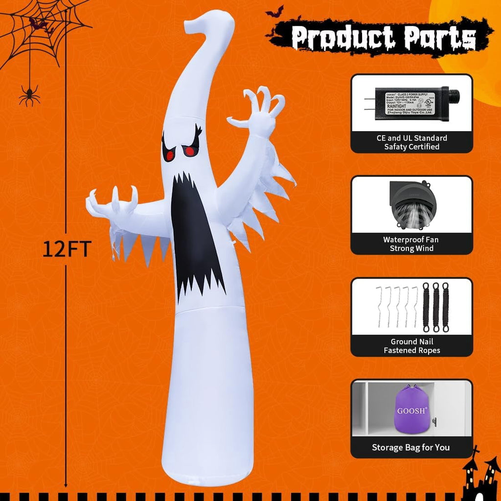 GOOSH 12 FT Height Halloween Inflatable Outdoor Colorful Dimming Ghost, Blow Up Yard Decoration Clearance with LED Lights Built-in for Holiday/Party/Yard/Garden