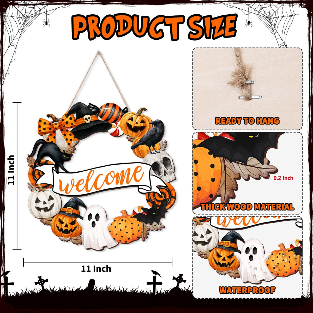 YIBAGA Halloween Door Hanging Sign Wreath Decorations, Welcome Halloween Ghosts Pumpkins Wooden Hanger Home Decor Party Supplies