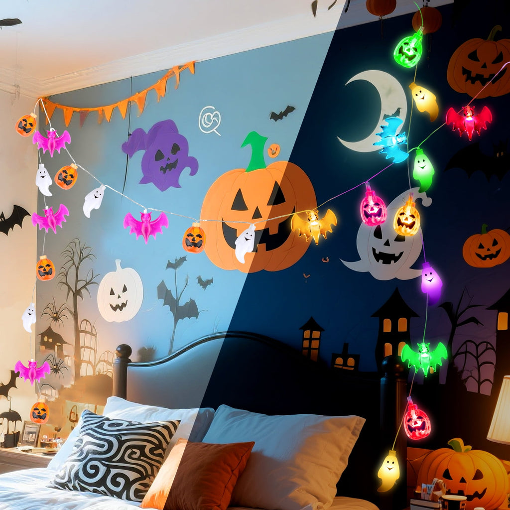 Oziral Halloween Lights Outdoor Indoor 14.76 ft 30 LED Pumpkin Bat Ghost Battery Operated String Lights Waterproof Halloween Decorations,8 Modes,Timer