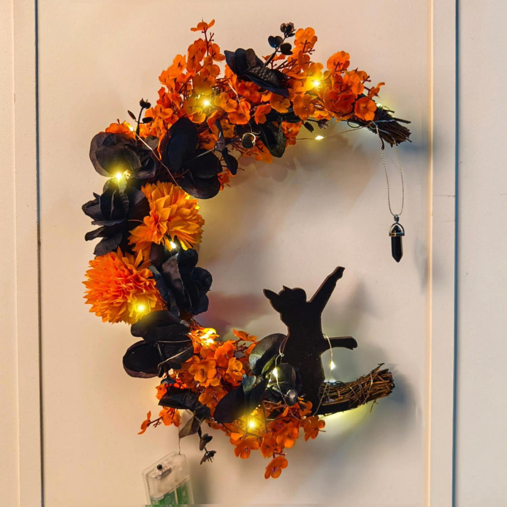 Halloween Wreath for Front Door with Lights, 14 Inch Black Cat Crescent Moon Wreath, Spooky Halloween Decoration with Orange Marigolds and Black Roses, Perfect for Home and Halloween Party Decor