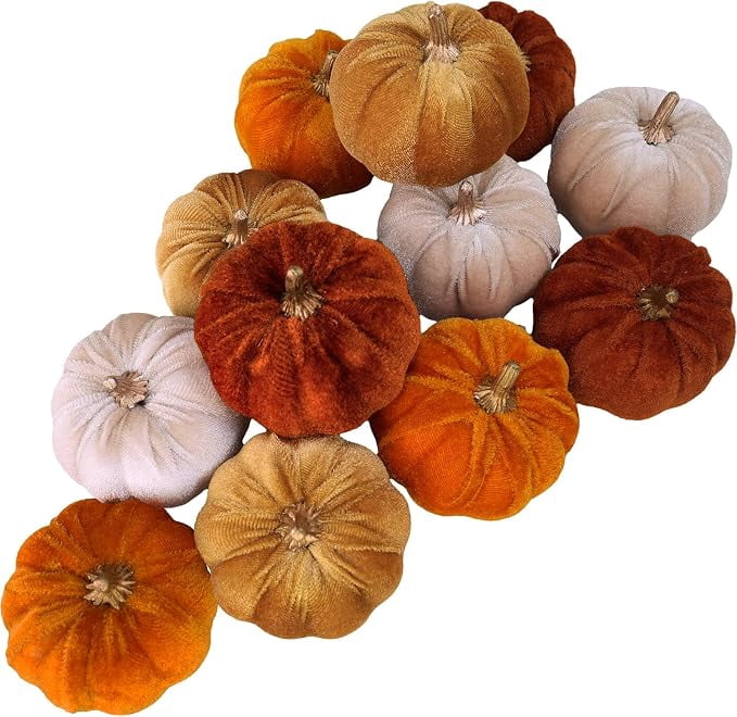 12 Piece Faux Fall Harvest Velvet Pumpkins 3 Inch Rust Orange Champagne Gold
