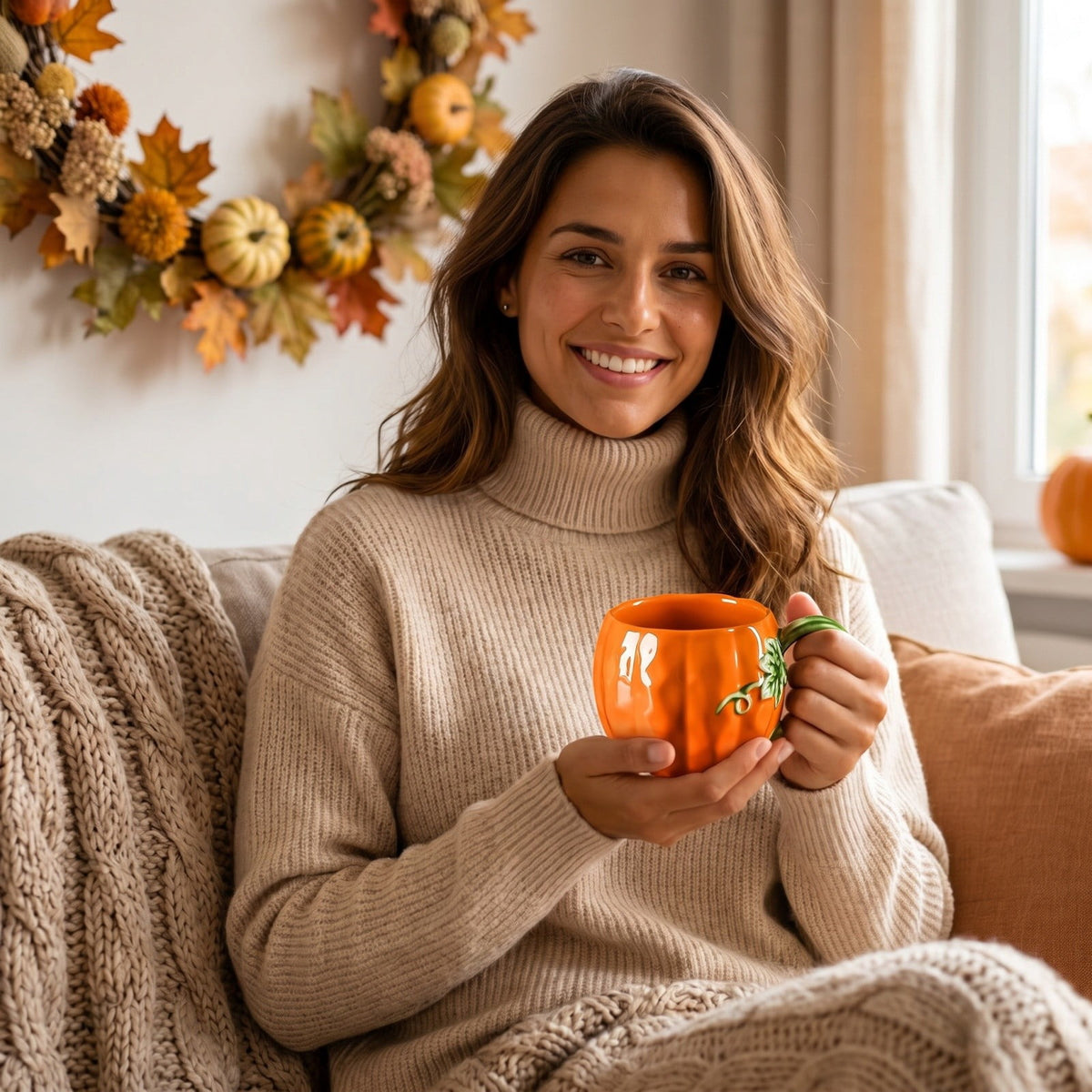 Cute Pumpkin Handmade Ceramic Mug with Dust Lid, Thanksgiving Halloween Coffee Cup for Office, Creative Water Cup Holiday Gift for Friends Family Coworkers Kitchen Home Decor