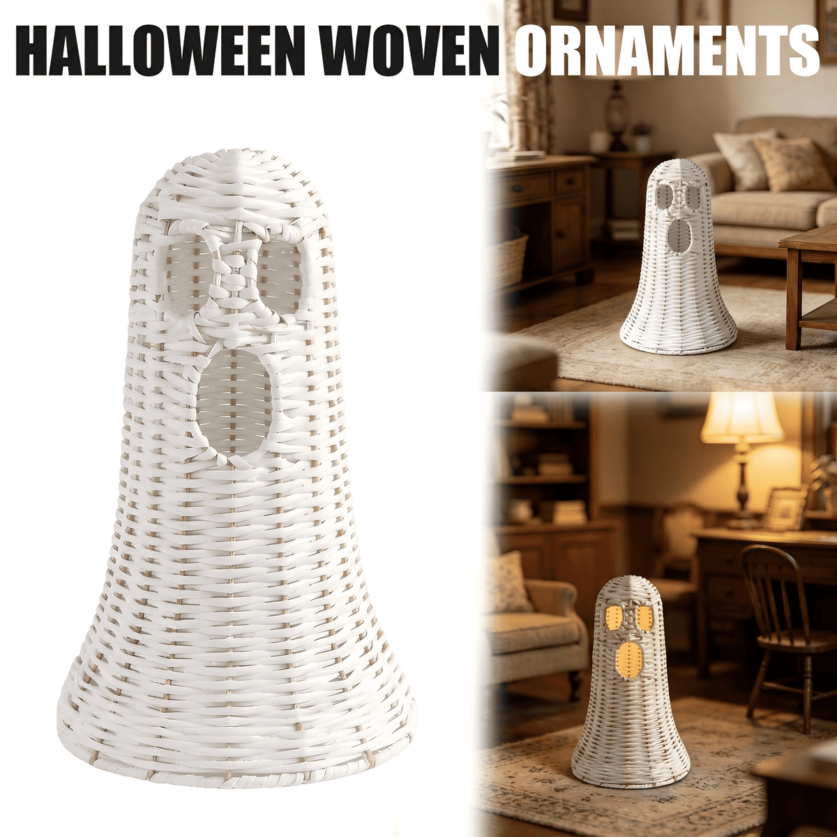 Guvpev 12" Handcrafted Woven Ghost - White Faux Rattan & Metal Ghost Figurine, Halloween Spooky Table Centerpiece & Fall Porch Decor for Indoor Outdoor