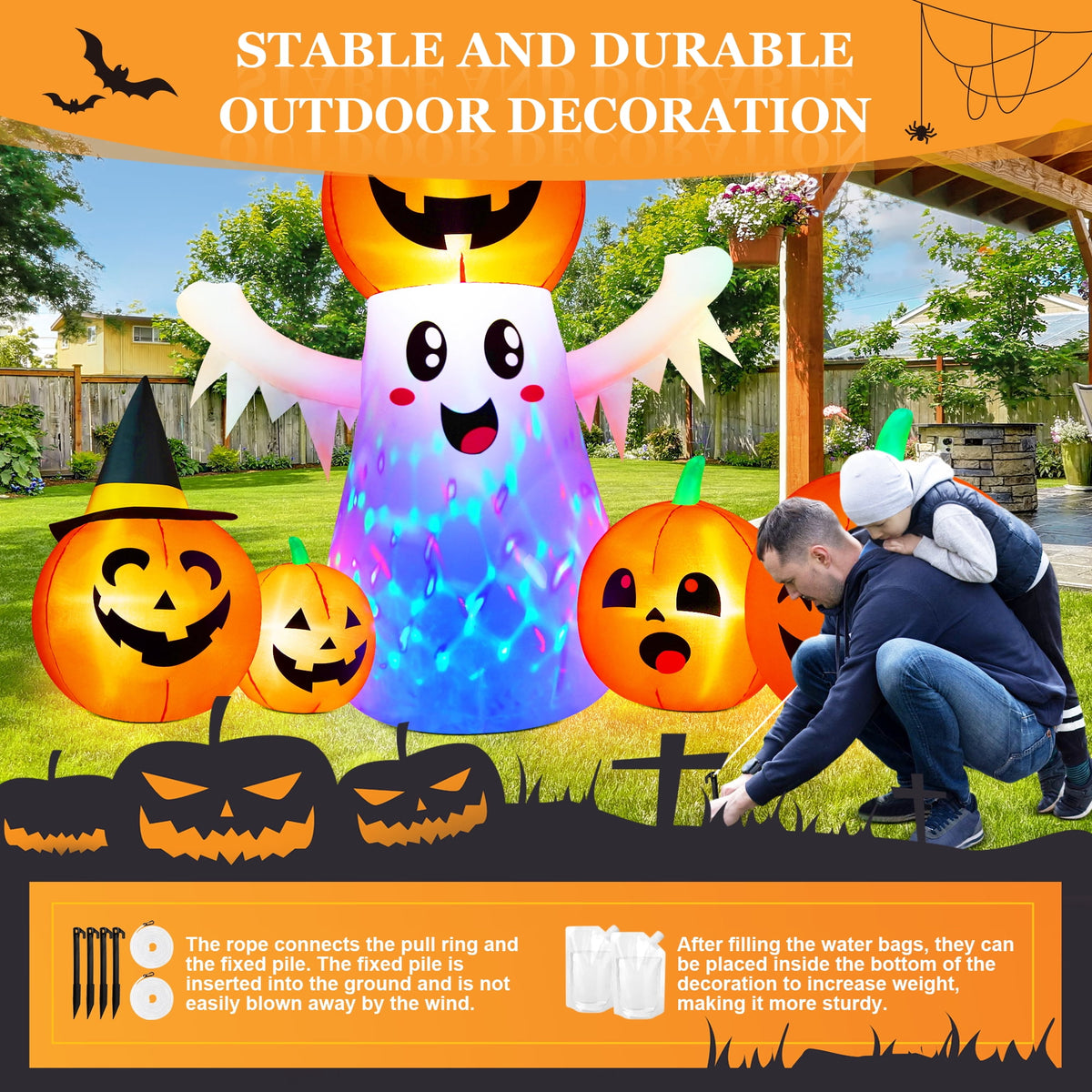 Yexmas 8FT Halloween Inflatable Decoration with Ghost, Black Cat and Pumpkins,Built-in LED Lights, Blow Up Halloween Yard Decor for Indoor/Outdoor Party,Yard, Lawn