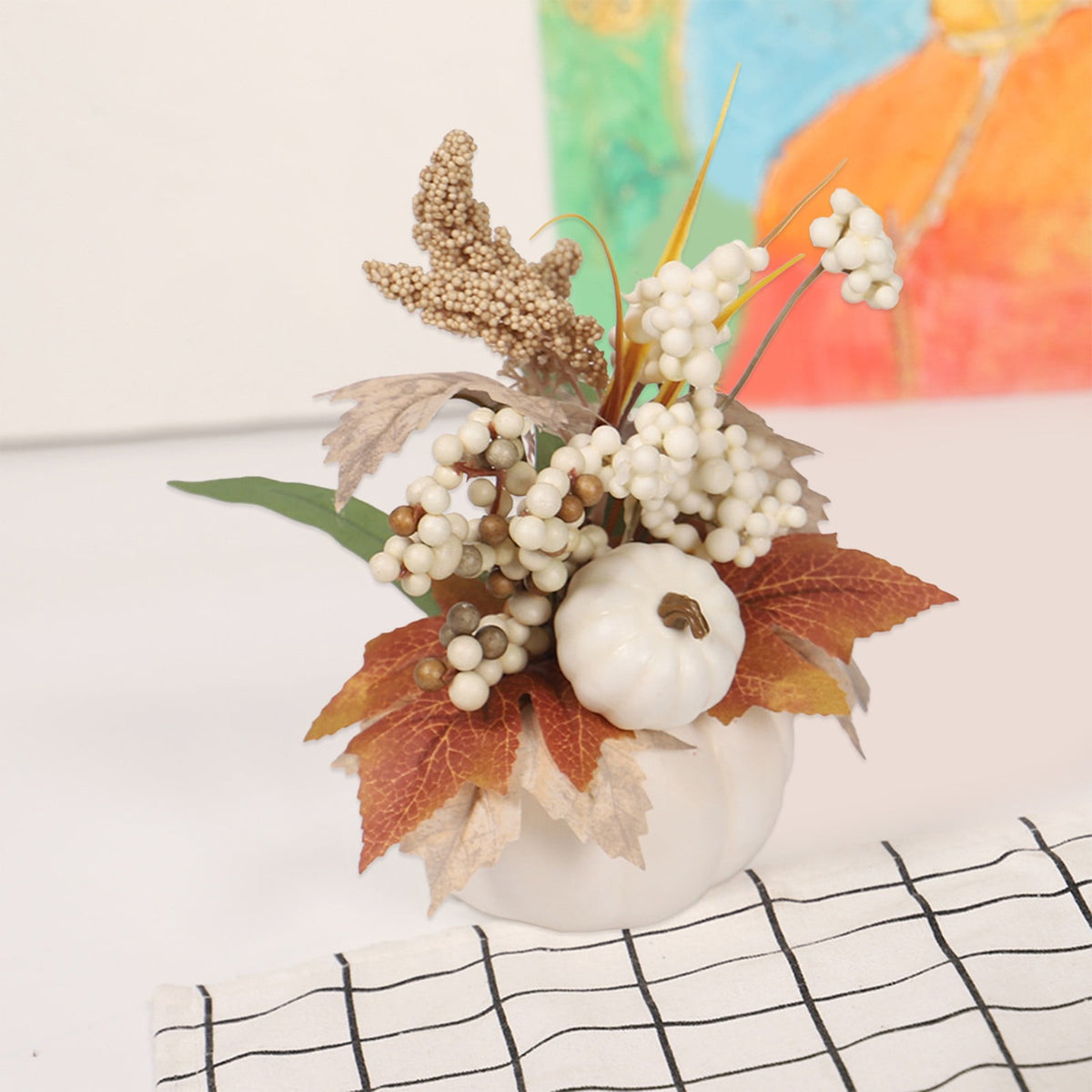 Artificial Pumpkin with Berry and Maple Leaf for Autumn Thanksgiving Table Decor, Fall Centerpiece in Wooden Box Indoor Outdoor Farmhouse Harvest Home Decor
