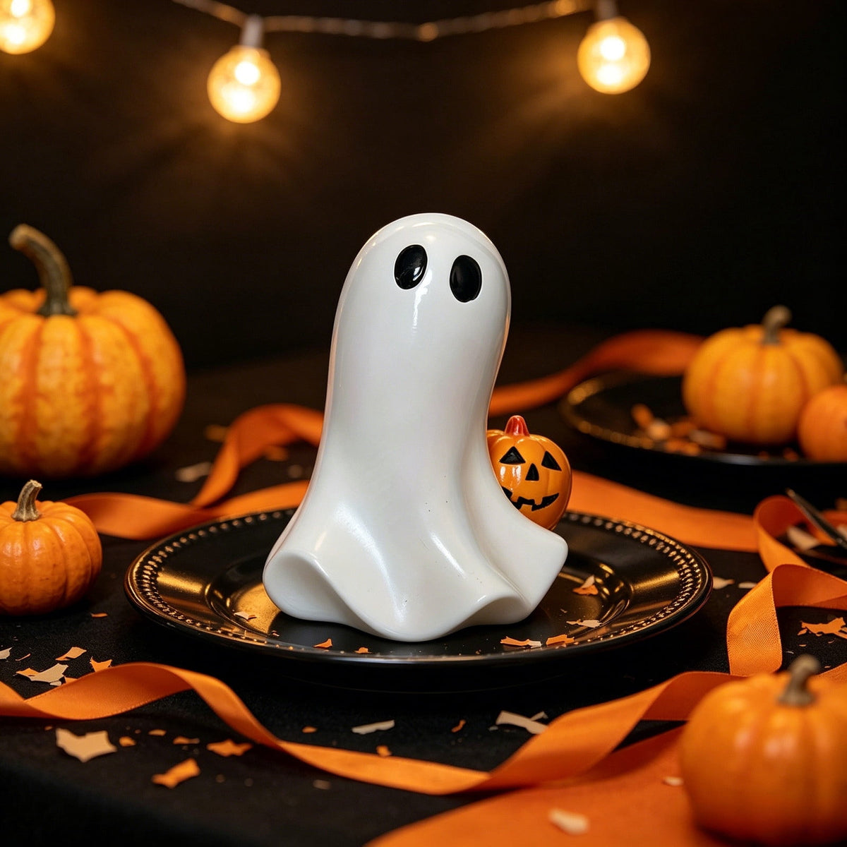 Halloween Ghost Figurine, Resin Lighted Ghost Ornament with Pumpkin Lantern & Beverage Cup, Tabletop Halloween Indoor Decor