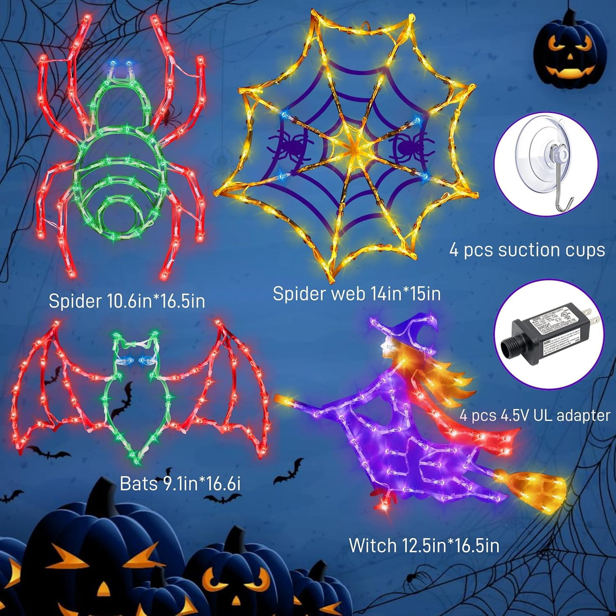 16" Halloween Window decorate Plug Light Witch Bat Spider Web door decor-4 Pack
