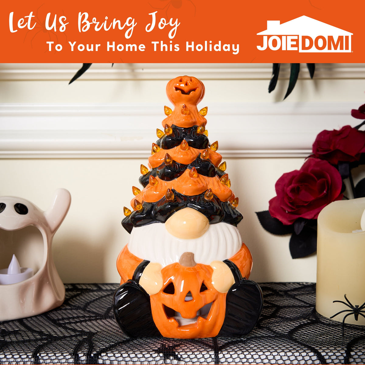 Joyfy 8.5 inch Halloween Decorations Ceramic Gnome Tree Decorations with Build-in LEDs,Light Up Pumpkin Table Decor Bedroom Indoor Centerpieces for Tables