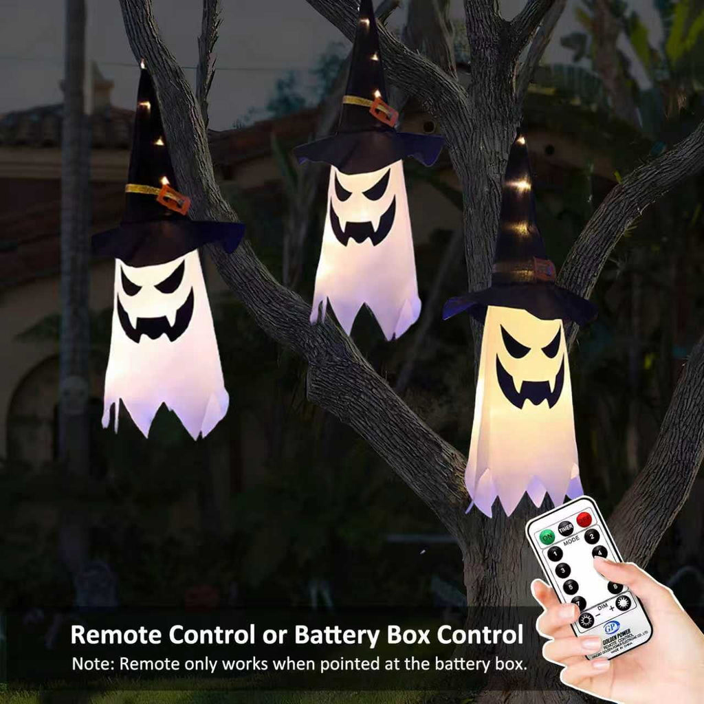 PMMIPNW Halloween Decorations Outdoor, Hanging Lighted Glowing Ghost Witch Hat 5PCS, Halloween Light for Halloween Party Yard Tree Garden