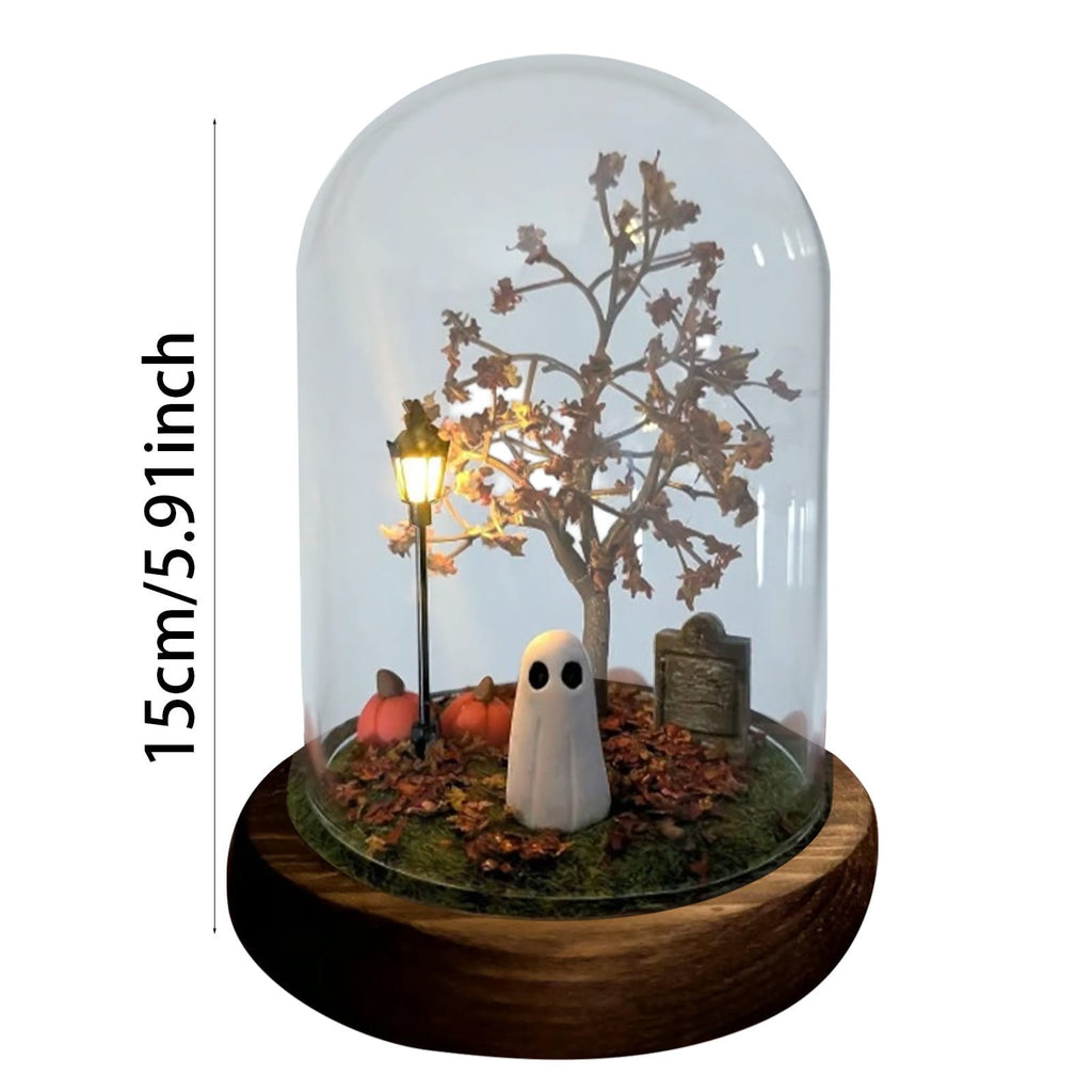 Halloween Ghost Figurine, Resin Lighted Ghost Ornament with Pumpkin Lantern & Beverage Cup, Tabletop Halloween Indoor Decor