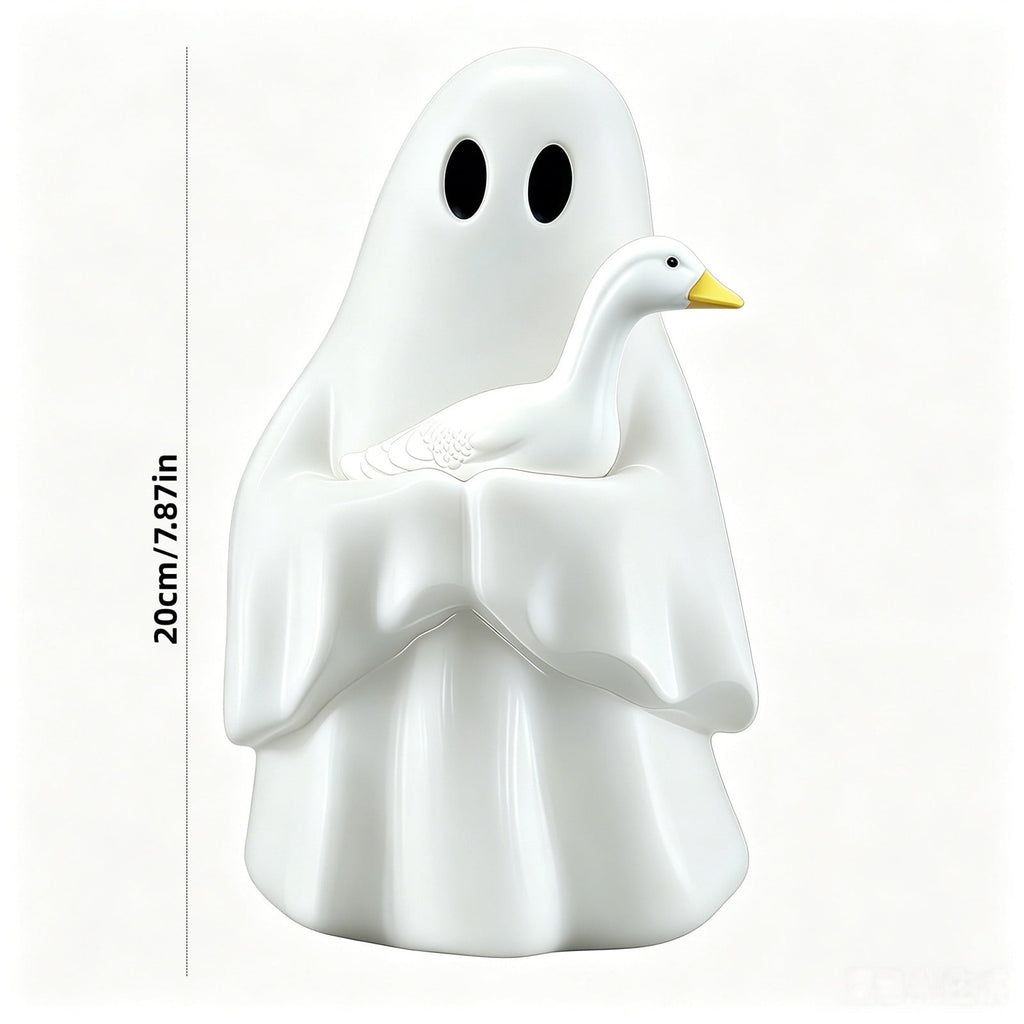 Halloween Ghost Figurine, Resin Lighted Ghost Ornament with Pumpkin Lantern & Beverage Cup, Tabletop Halloween Indoor Decor