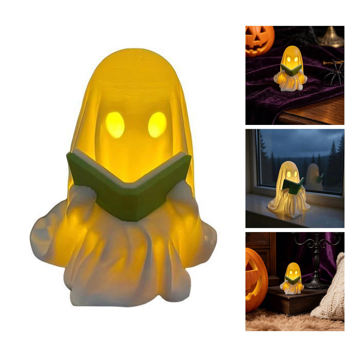 Halloween Ghost Figurine, Resin Lighted Ghost Ornament with Pumpkin Lantern & Beverage Cup, Tabletop Halloween Indoor Decor