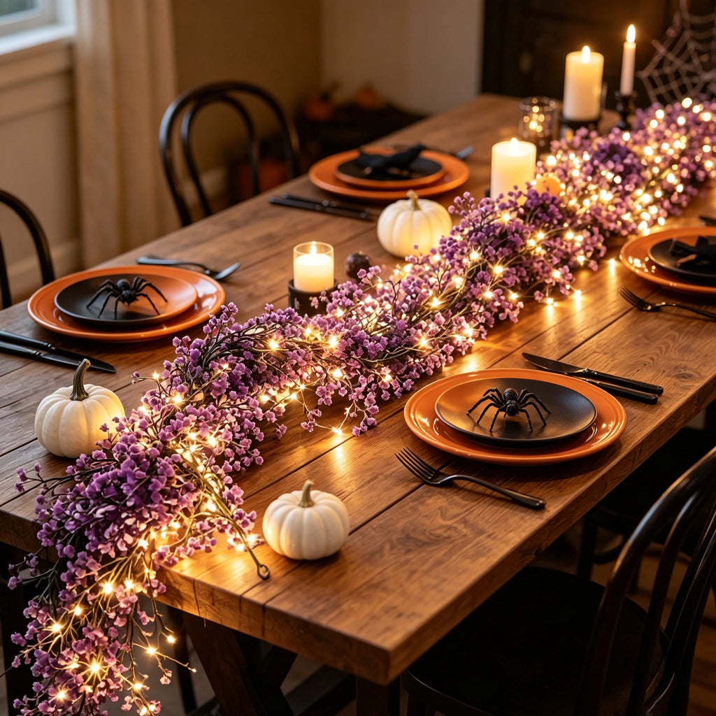 Halloween Black Garland with LED Lights 70.87 Inch Gothic Foliage for Mantel Stair Halloween Party Home Indoor Decor