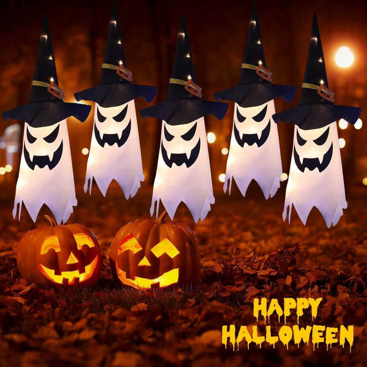 PMMIPNW Halloween Decorations Outdoor, Hanging Lighted Glowing Ghost Witch Hat 5PCS, Halloween Light for Halloween Party Yard Tree Garden