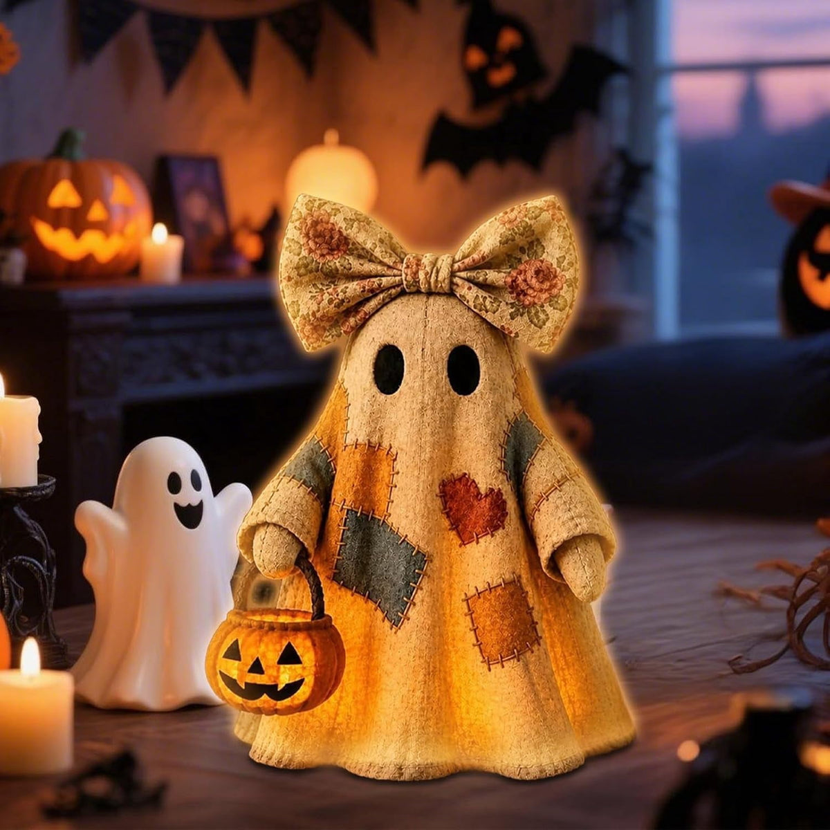 Lighted Vintage Patchwork Ghost, Light Up Ghost with Pumpkin Lantern Halloween Decor, Resin Ghosts Lamp, Rustic Fall Figurine Decoration for Tabletop Mantel Shelf Entryway Porch-9.44"