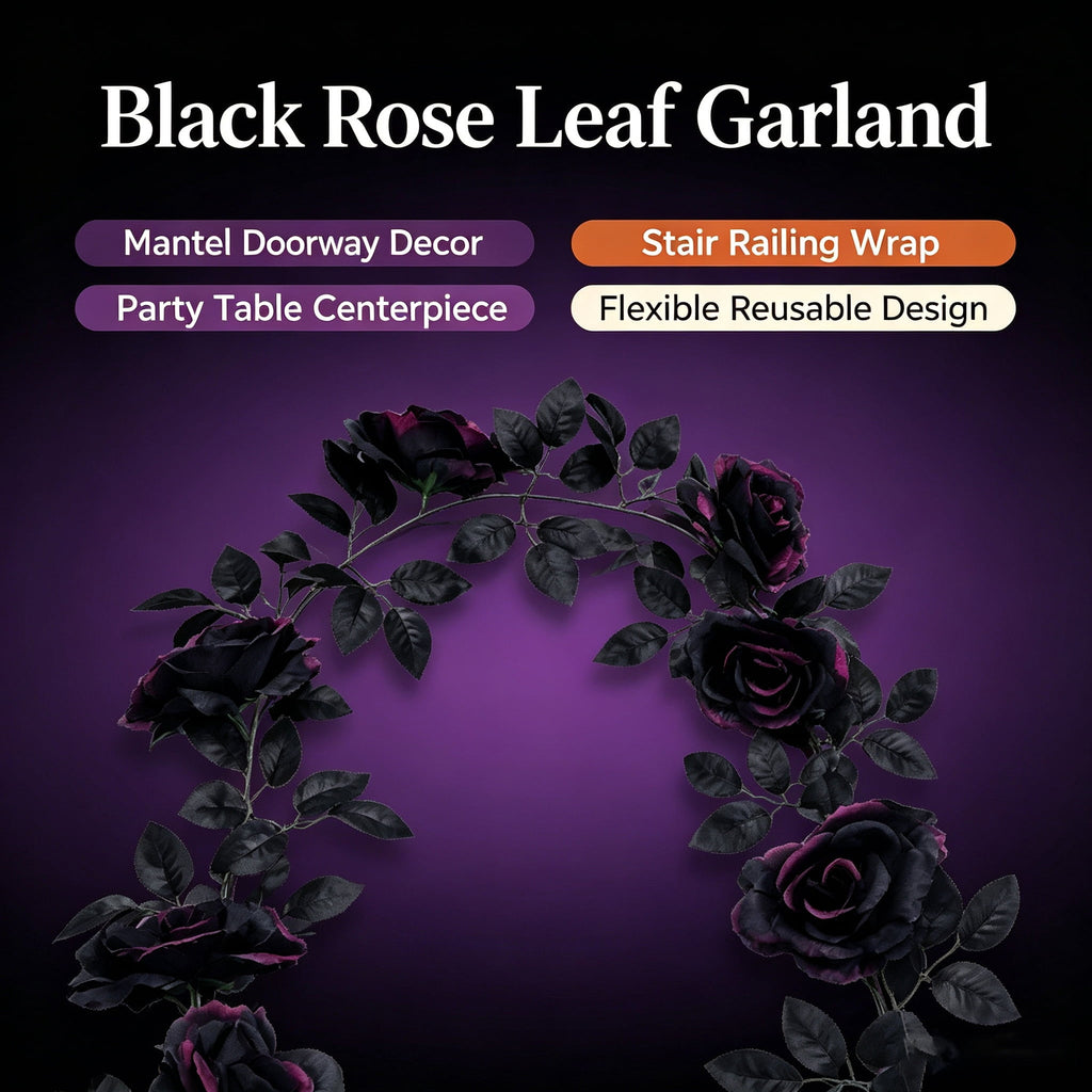 Halloween Black Garland with LED Lights 70.87 Inch Gothic Foliage for Mantel Stair Halloween Party Home Indoor Decor
