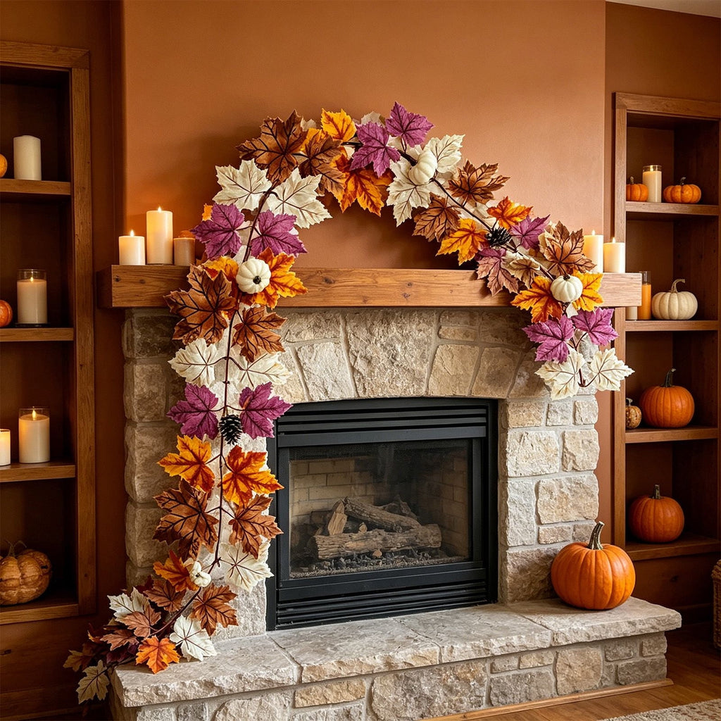 Fall Maple Leaf Front Door Wreath, Multicolor Plastic Seasonal Wreath for Halloween Thanksgiving Christmas Indoor Wall Fireplace Home Decor, 9.84 Inch