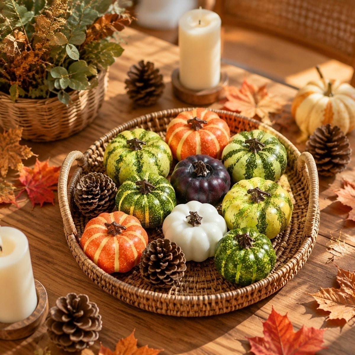 9 PCS Thanksgiving Artificial Pumpkins and Gourds Set - Fall Decorations for Home 7 Fake Pumpkins, 2 Pinecones for Fall Halloween Table Centerpieces